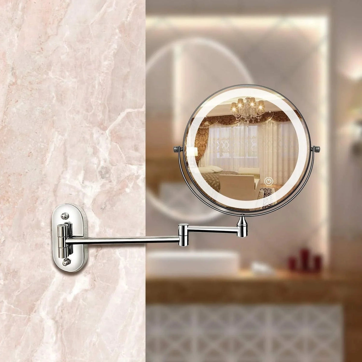 Round wall mounted vanity mirror with illuminated LED ring and articulated arm