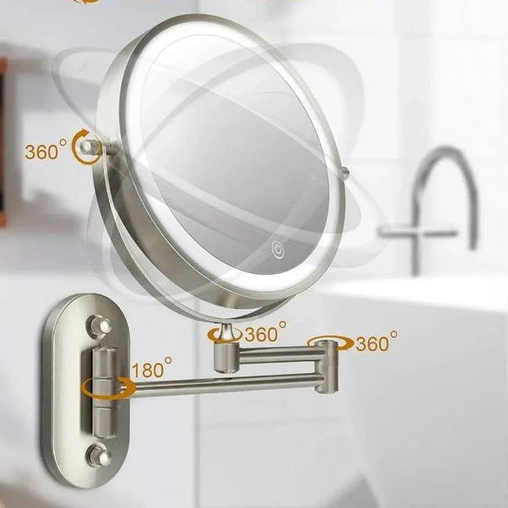 Round wall mounted vanity mirror with illuminated LED ring and articulated arm