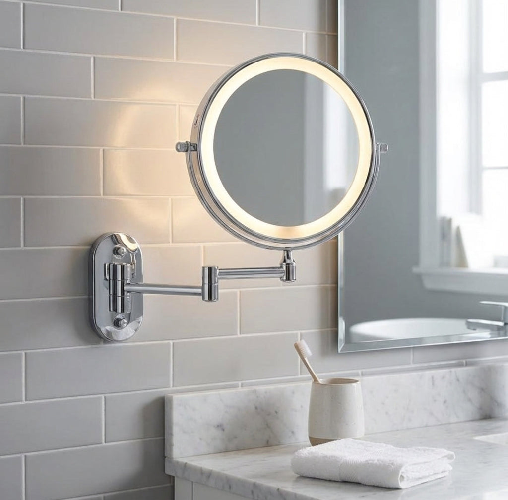 Round wall mounted vanity mirror with illuminated LED ring and articulated arm