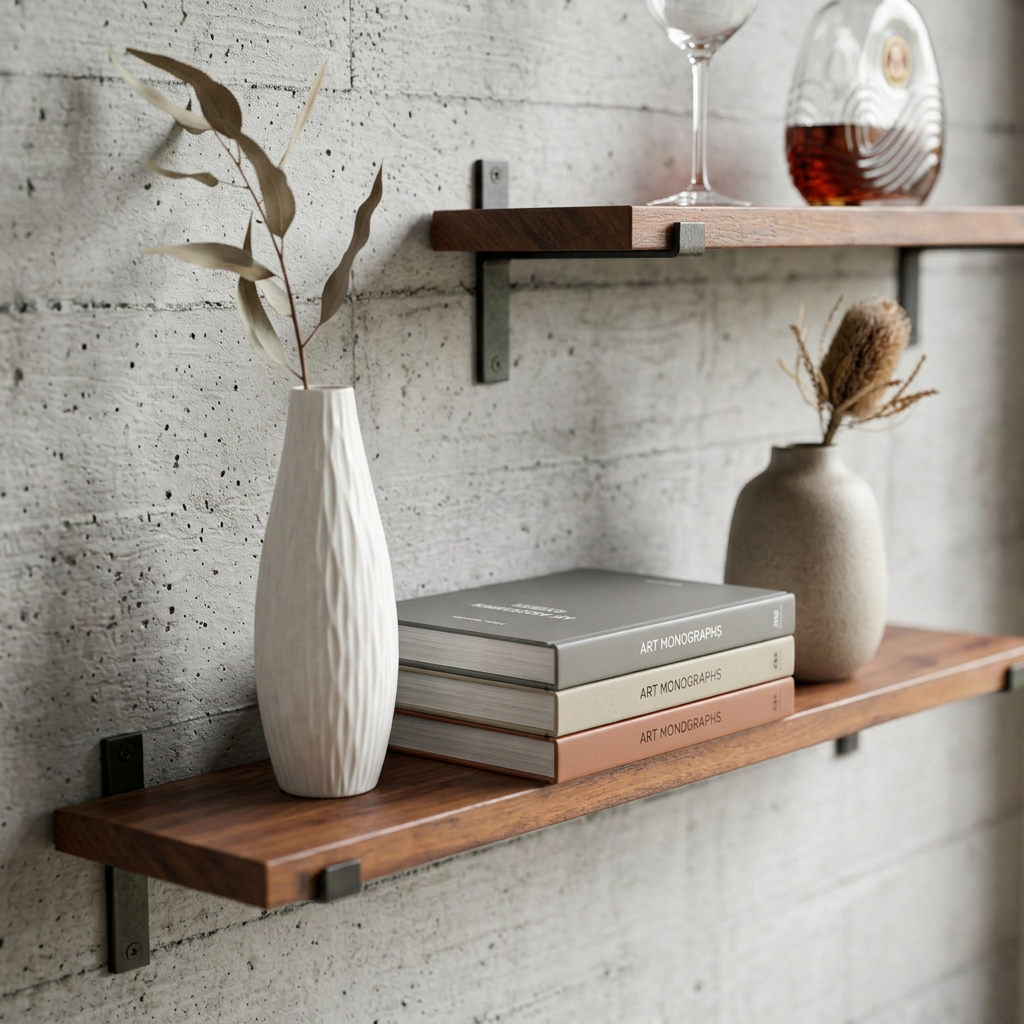 Brown wall shelf with dark metal lip brackets displaying books and ornaments