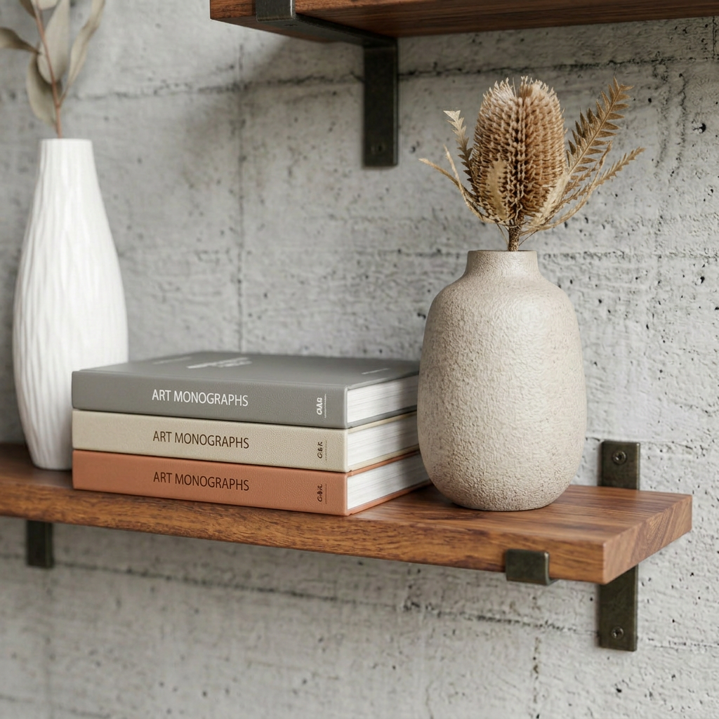 Brown wall shelf with dark metal lip brackets displaying books and ornaments