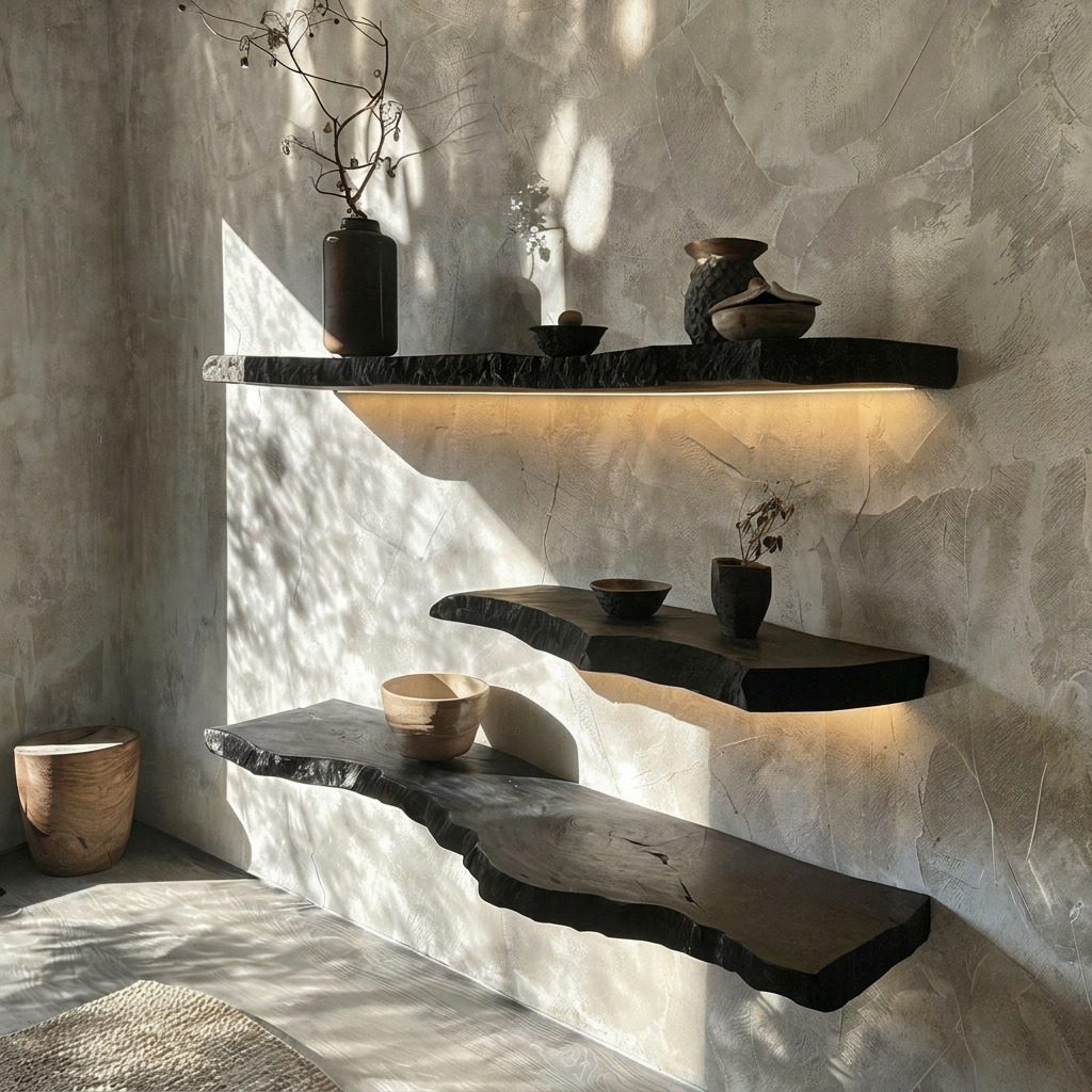 Black live edge floating wall shelves with sculptural contours and warm underside lighting