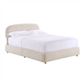 Beige upholstered king lift-up storage bed frame with rounded headboard
