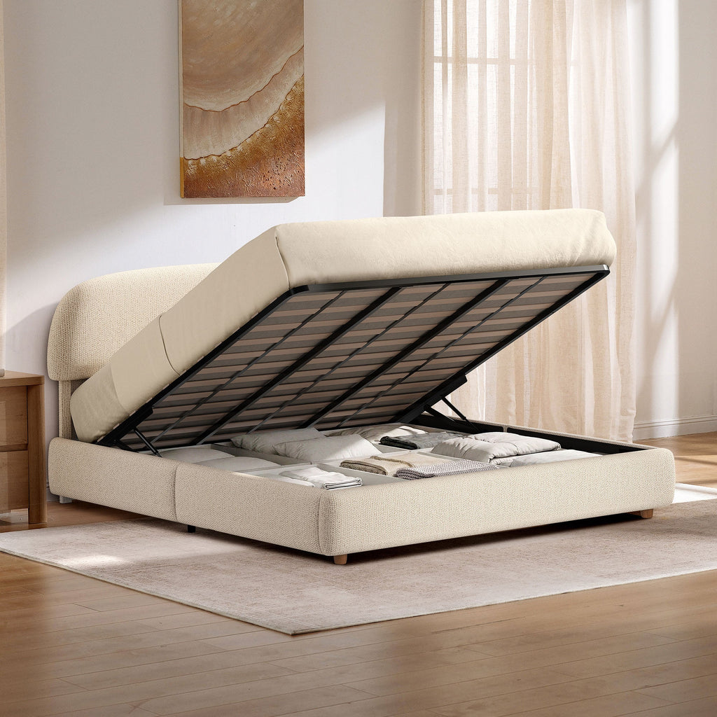 Beige upholstered king lift-up storage bed frame with rounded headboard