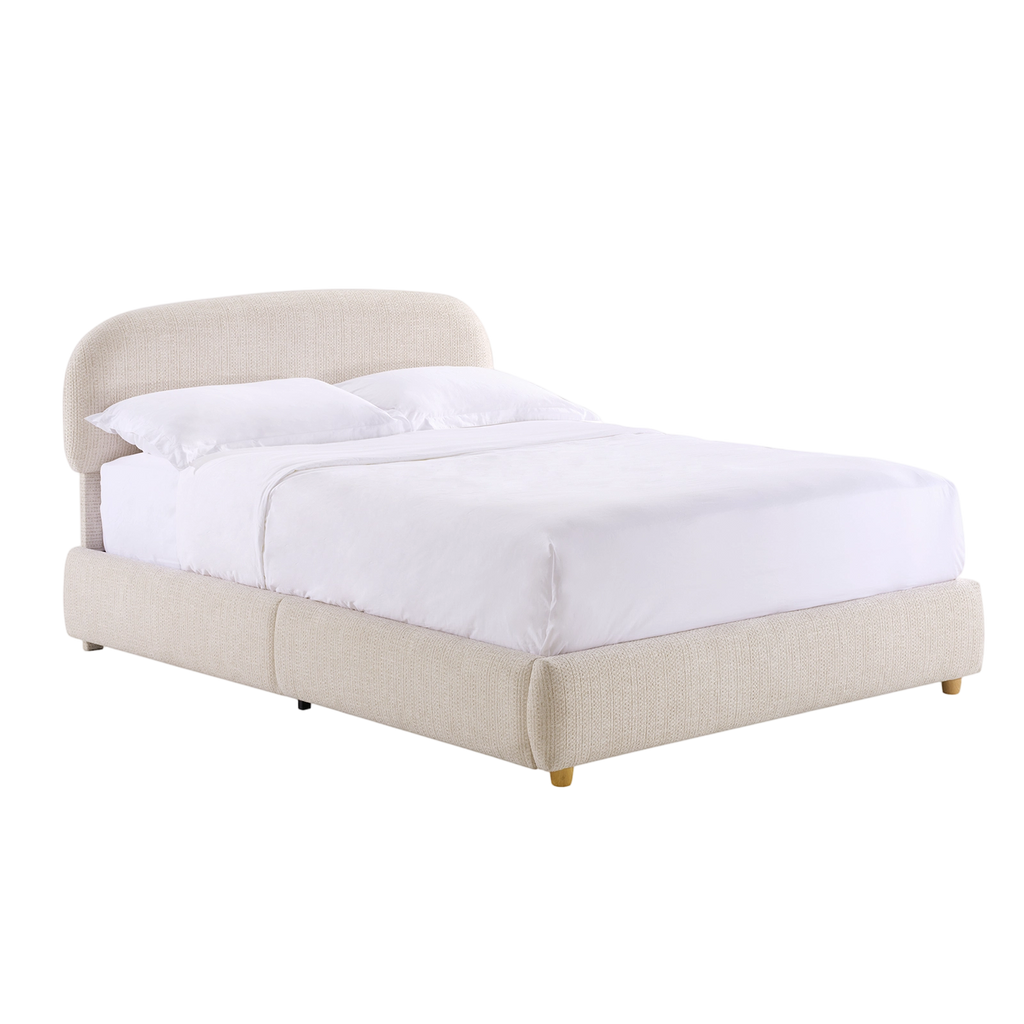 Beige queen lift-up storage bed frame with rounded upholstered headboard
