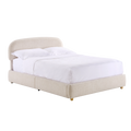 Beige queen lift-up storage bed frame with rounded upholstered headboard