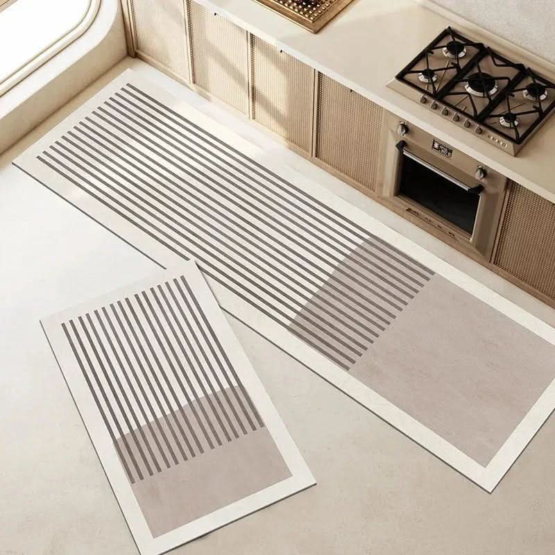 Beige kitchen mat with grey geometric line pattern