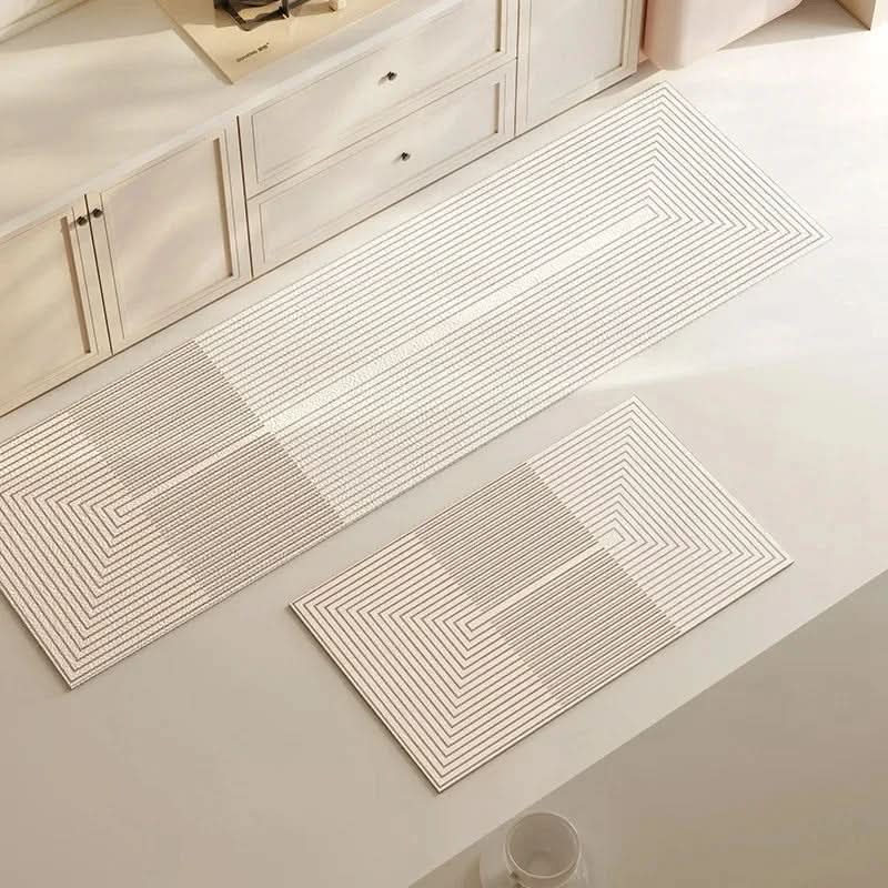 Beige kitchen mat with grey geometric line pattern