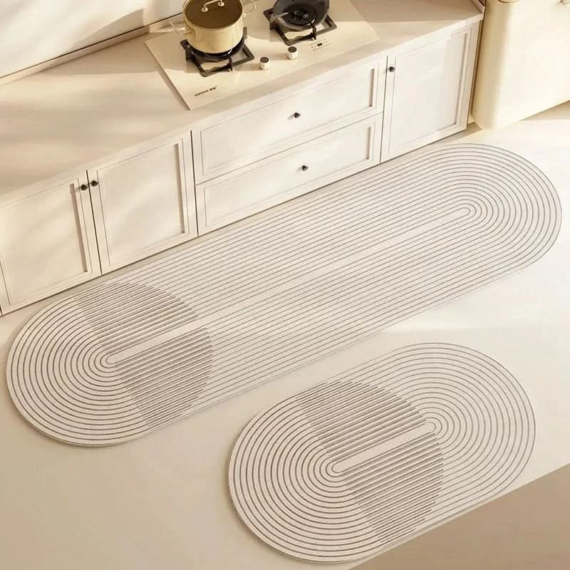 Beige kitchen mat with grey geometric line pattern