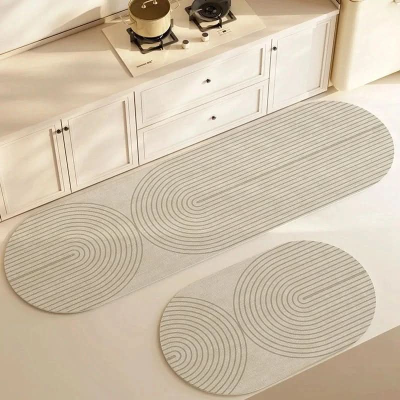 Beige kitchen mat with grey geometric line pattern