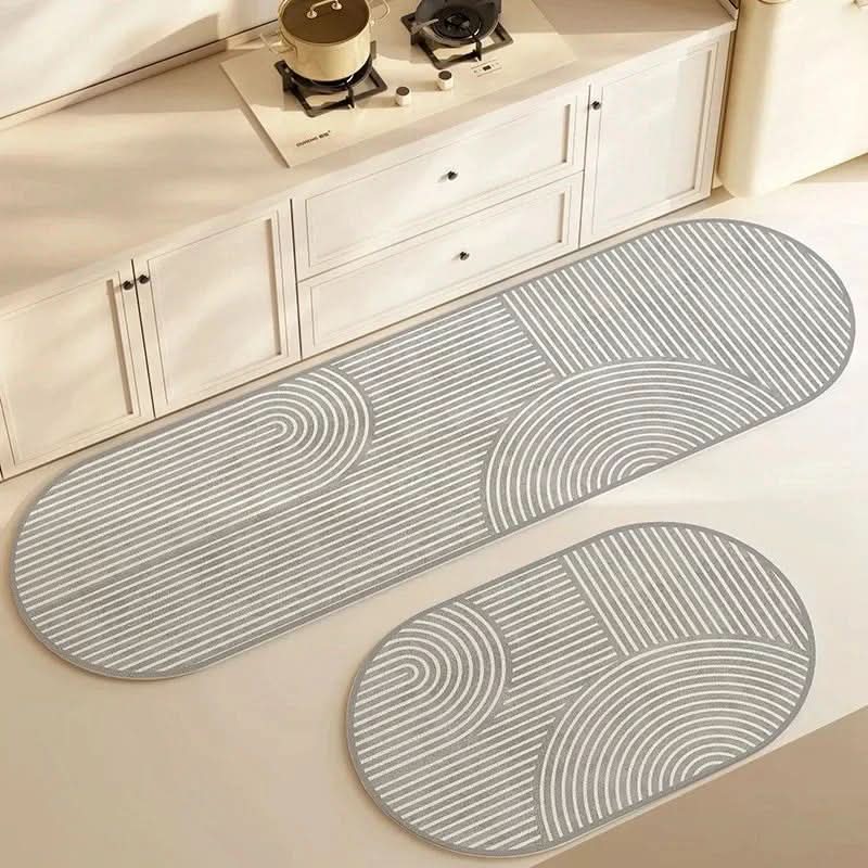 Beige kitchen mat with grey geometric line pattern