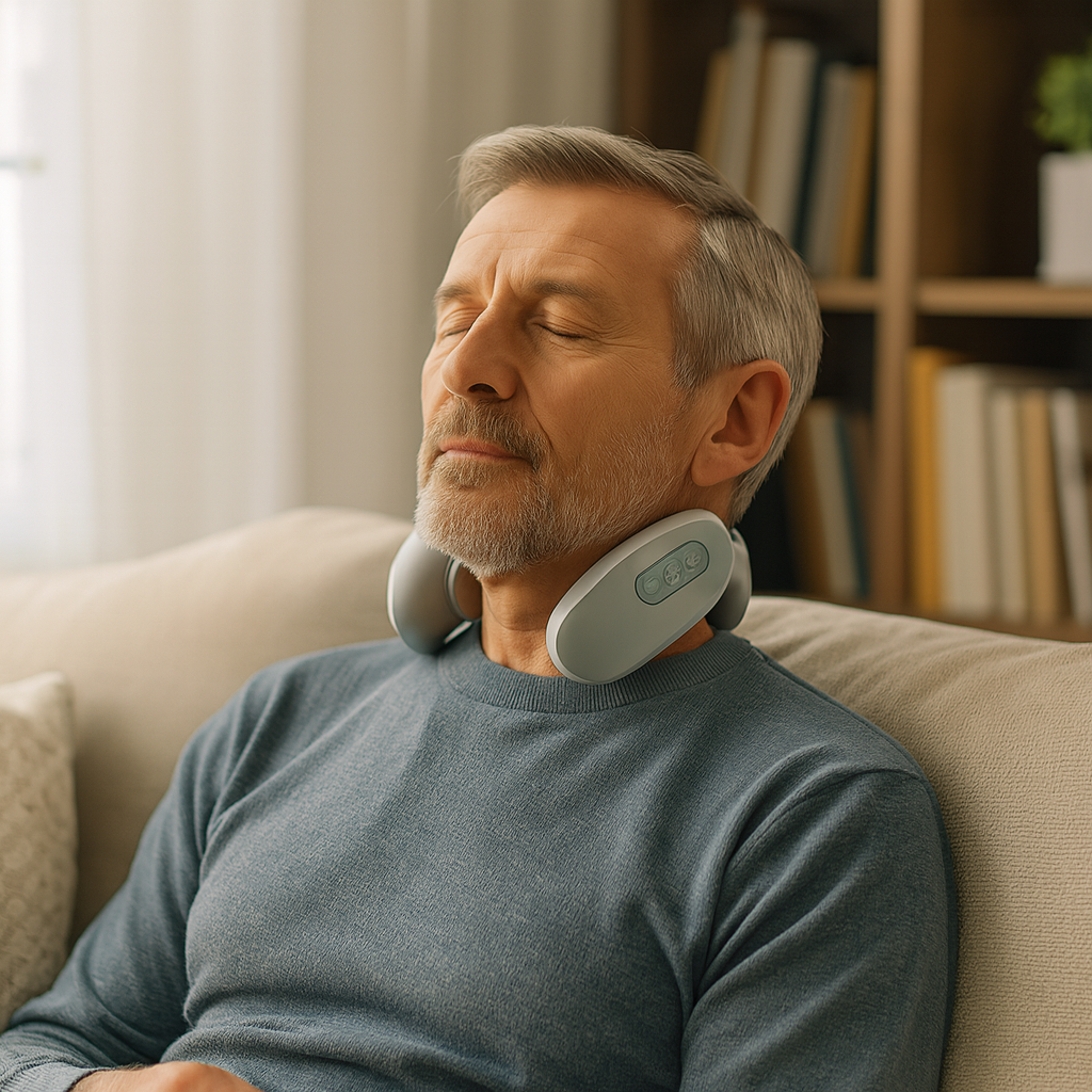 White wearable neck massager with integrated controls and contact pads