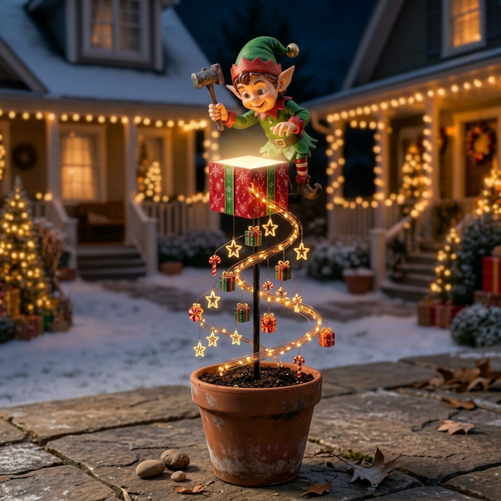 Christmas garden stake decoration with warm white lights and festive reindeer or angel design