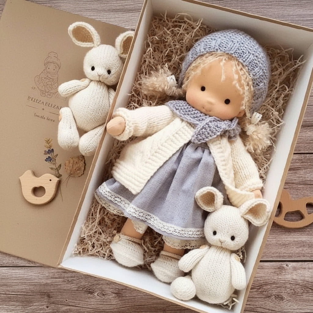 Handmade Waldorf-style doll with knitted rabbit companion and clothing