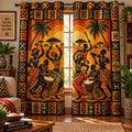 Quilted curtains with colourful African scene and geometric borders