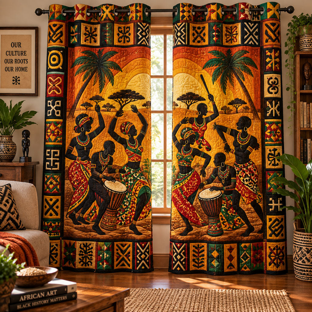 Quilted curtains with colourful African scene and geometric borders