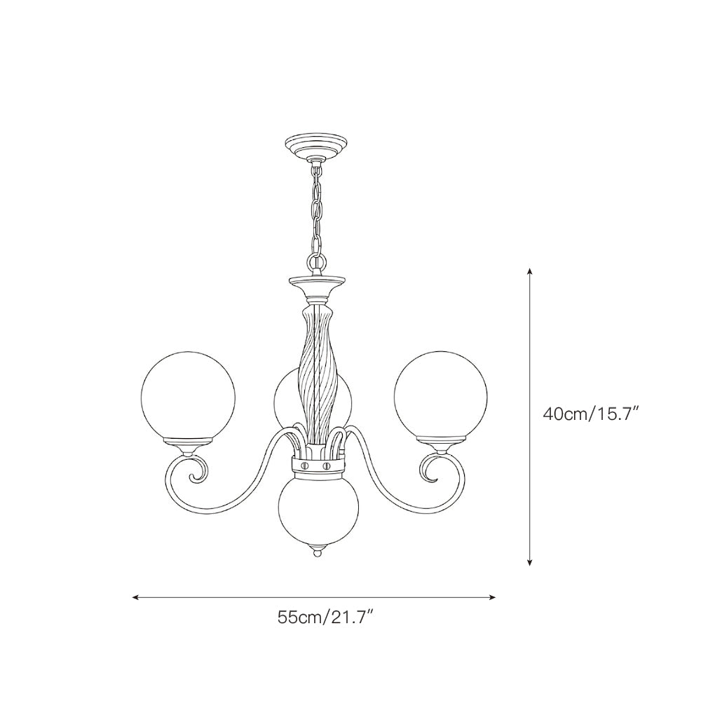 Brass-coloured glass chandelier with pink globes and hanging chain