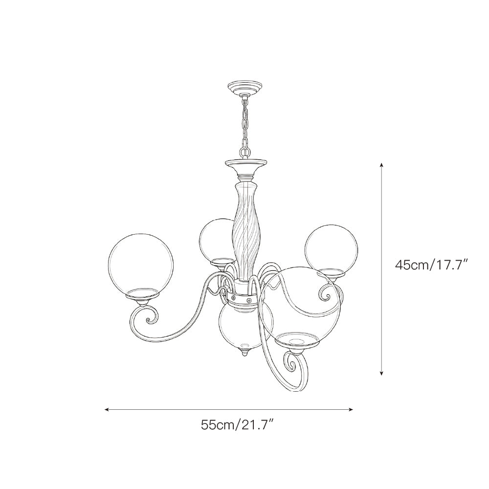 Brass-coloured glass chandelier with pink globes and hanging chain