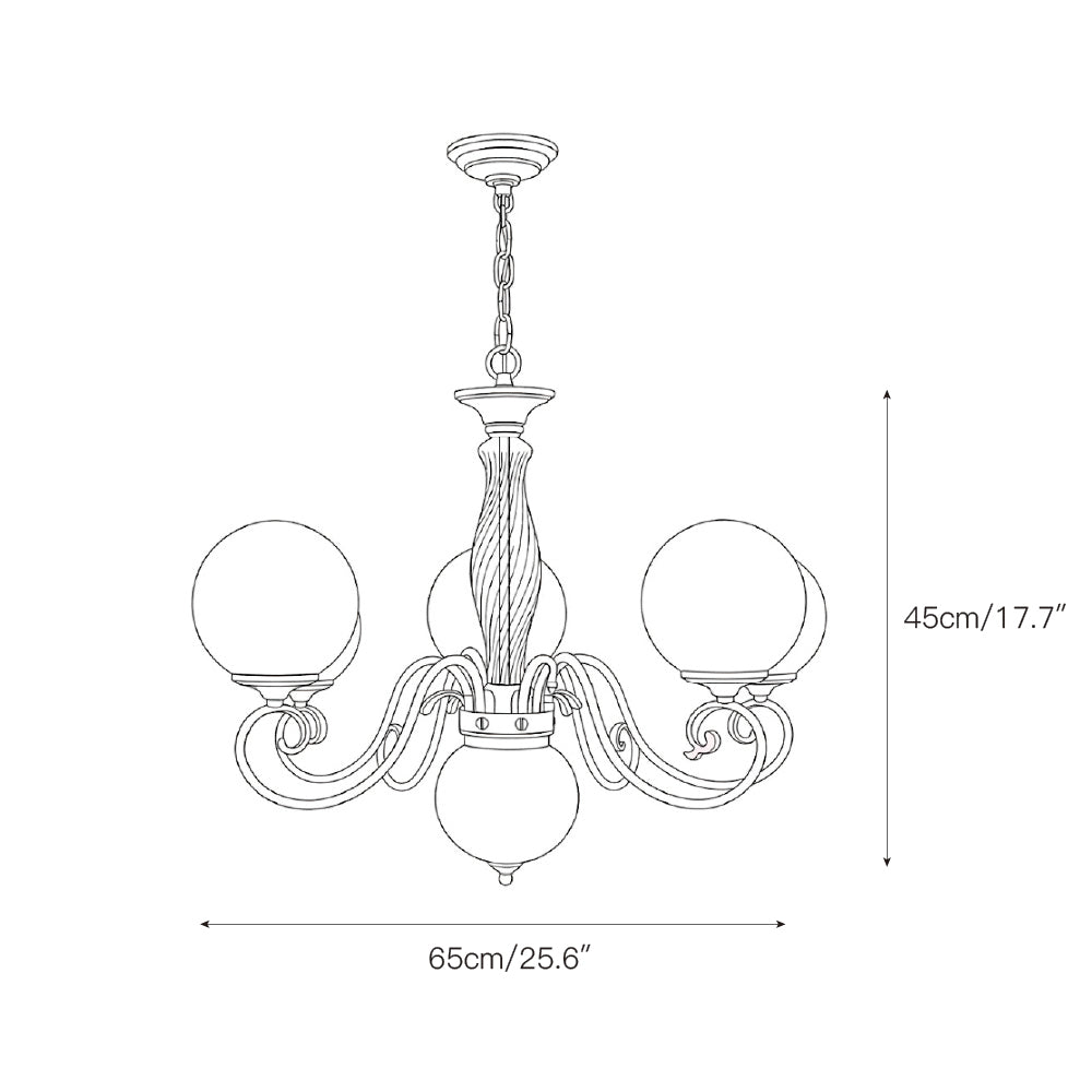 Brass-coloured glass chandelier with pink globes and hanging chain