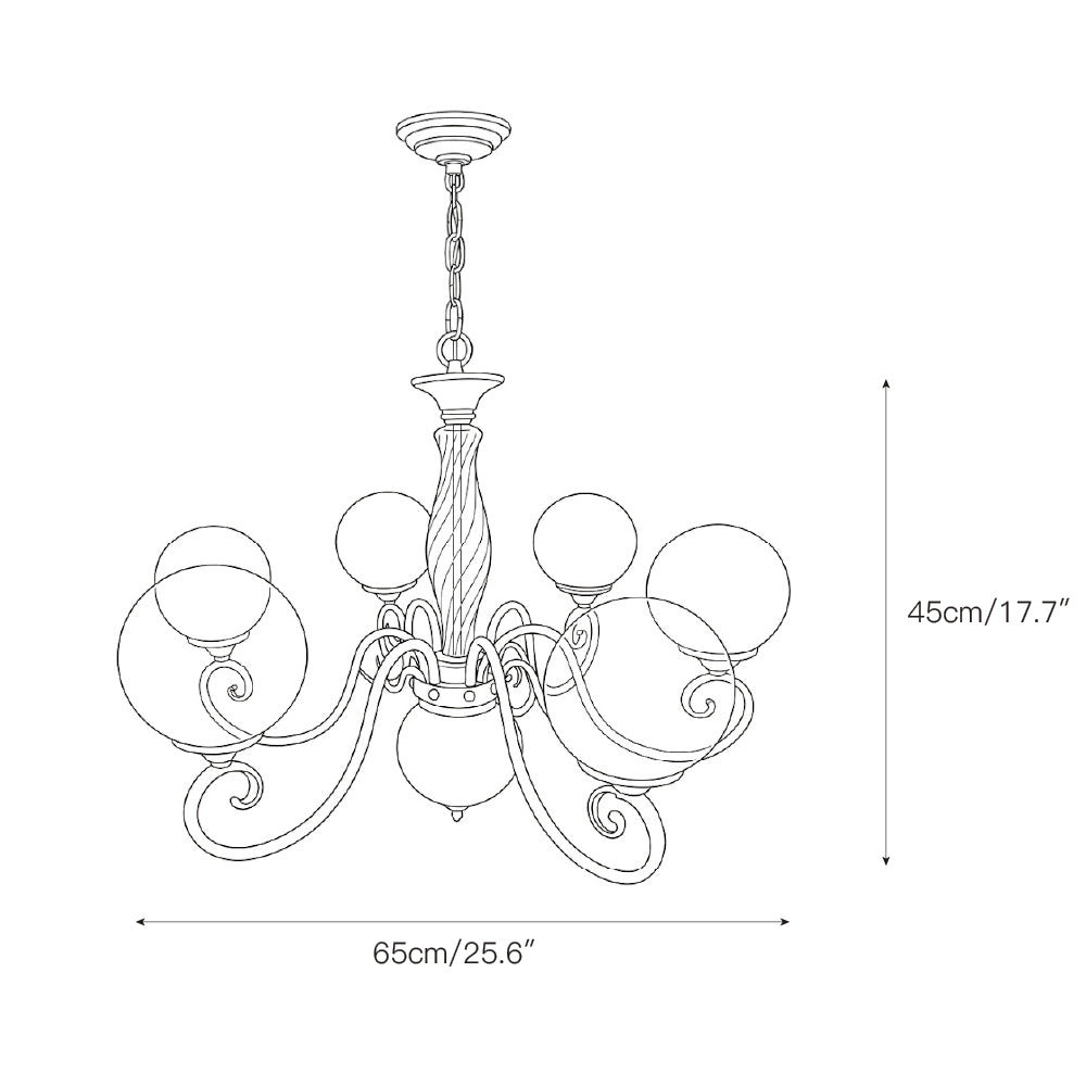 Brass-coloured glass chandelier with pink globes and hanging chain
