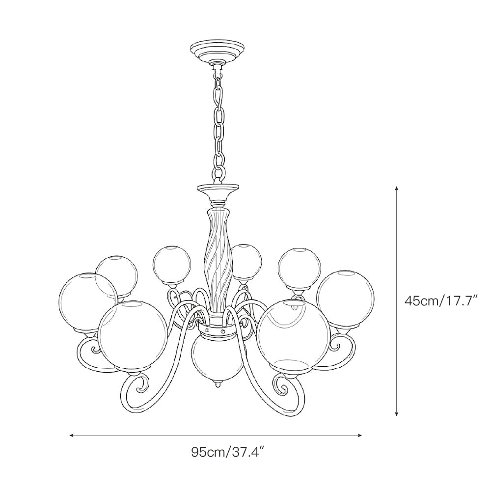 Brass-coloured glass chandelier with pink globes and hanging chain
