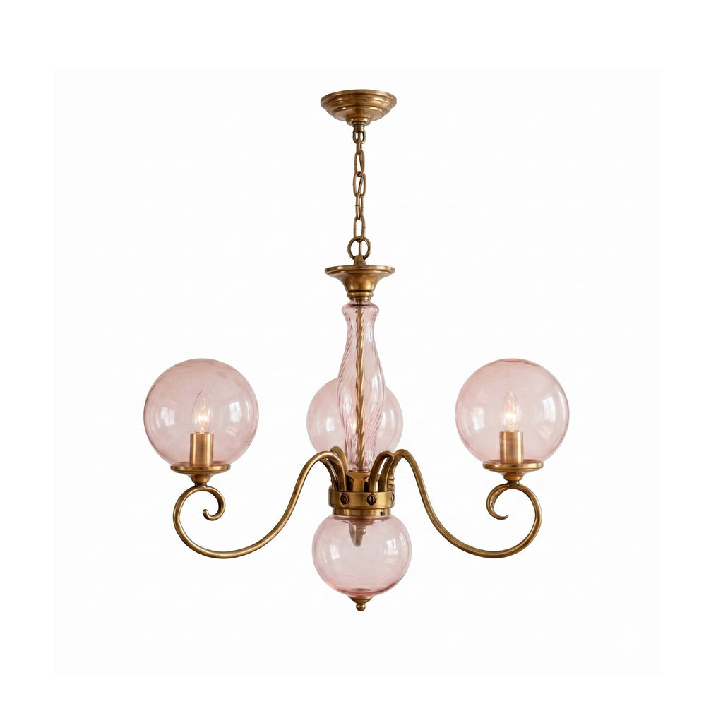 Brass-coloured glass chandelier with pink globes and hanging chain
