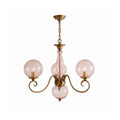 Brass-coloured glass chandelier with pink globes and hanging chain
