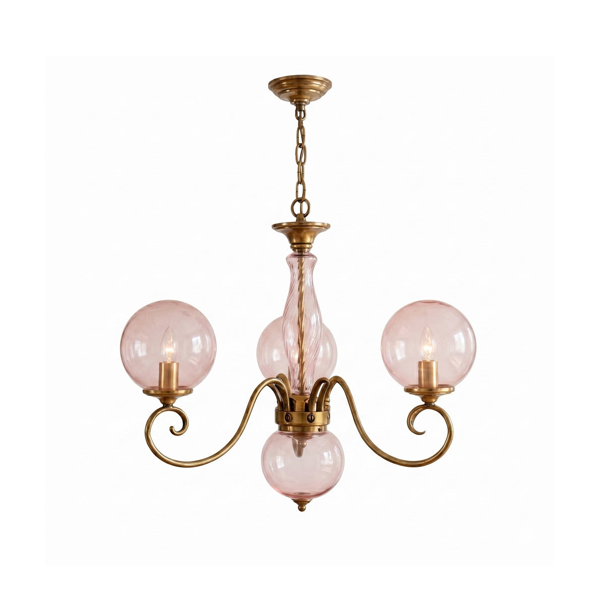 Brass-coloured glass chandelier with pink globes and hanging chain