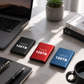 Portable external SSDs in black, red and blue with USB-style ports