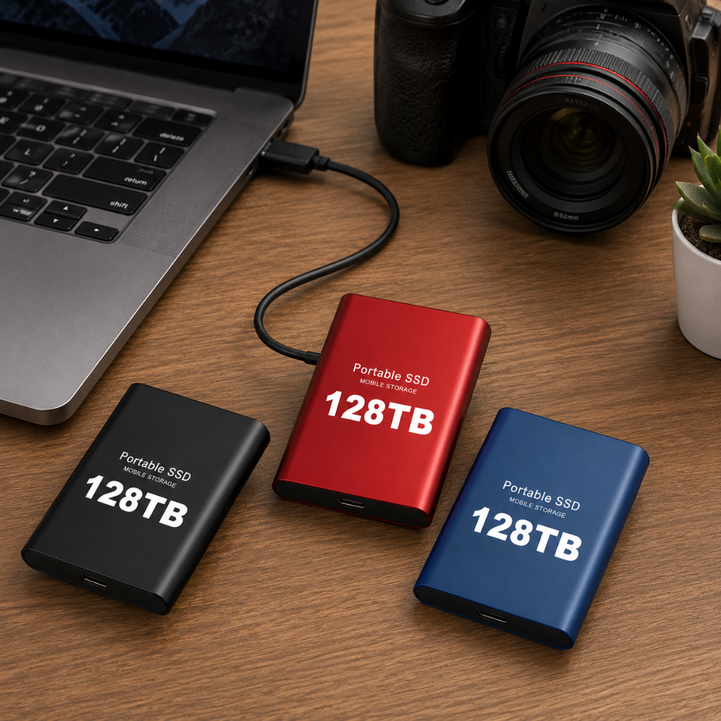 Portable external SSDs in black, red and blue with USB-style ports