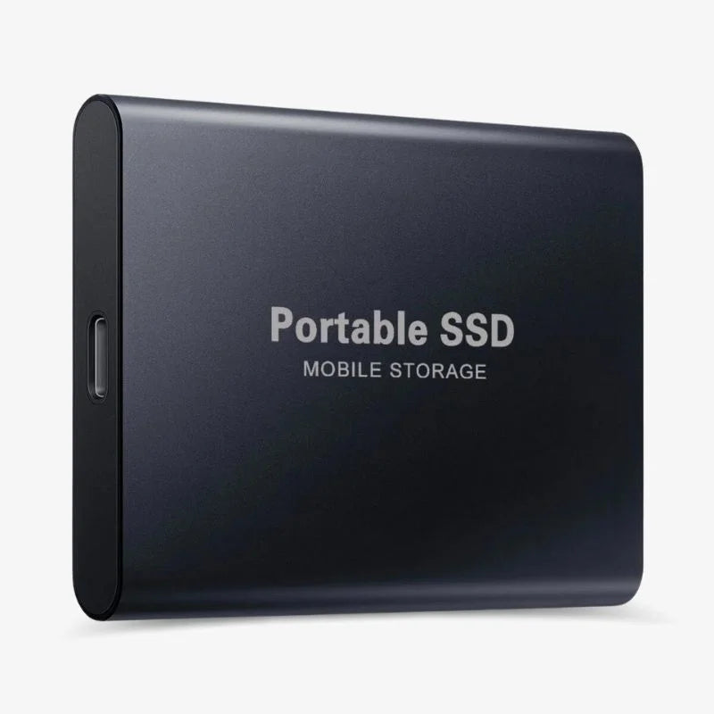 Portable SSD connected to a laptop with a USB cable