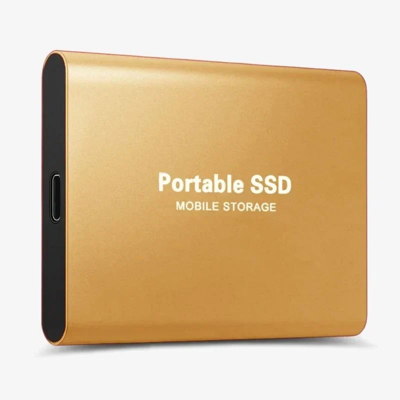 Portable SSD connected to a laptop with a USB cable