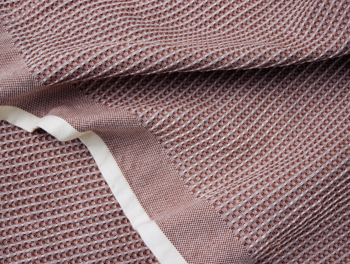 Set of four waffle-textured kitchen towels with contrast trims