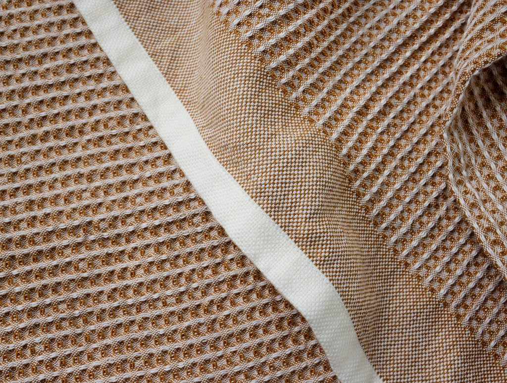 Set of four waffle-textured kitchen towels with contrast trims