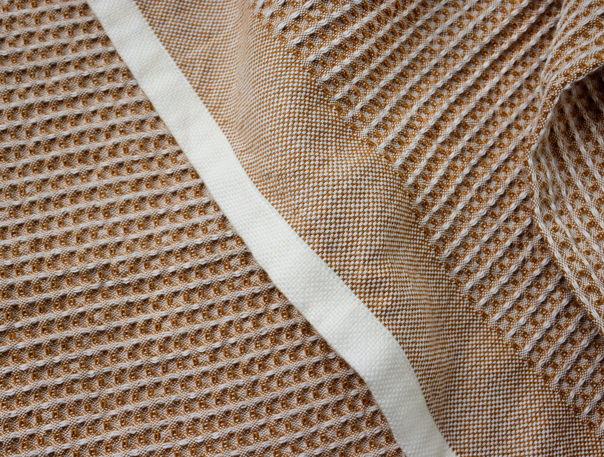 Set of four waffle-textured kitchen towels with contrast trims