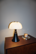 Black table lamp with sculpted soft white petal shade