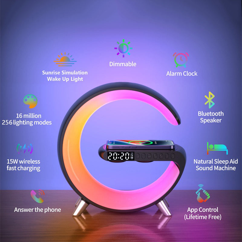 Smart alarm clock with digital display and colour-changing circular light ring