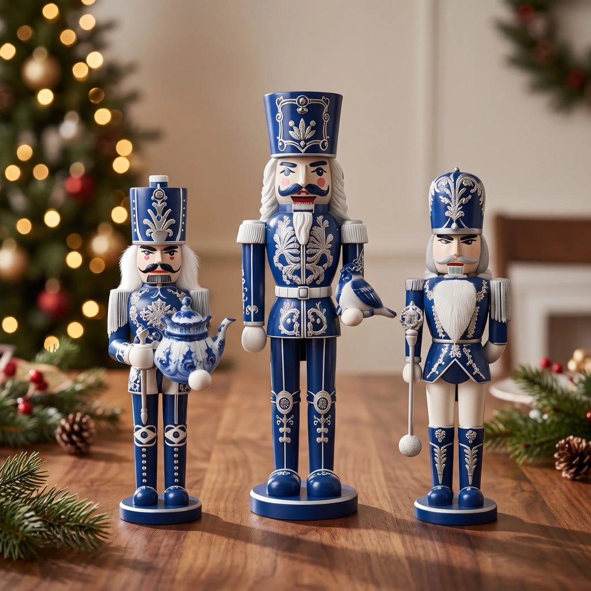 Fenluma - Blue And White Christmas Nutcracker Figurine Set Adding A Festive Touch To A Desk Or Shelf At Christmas
