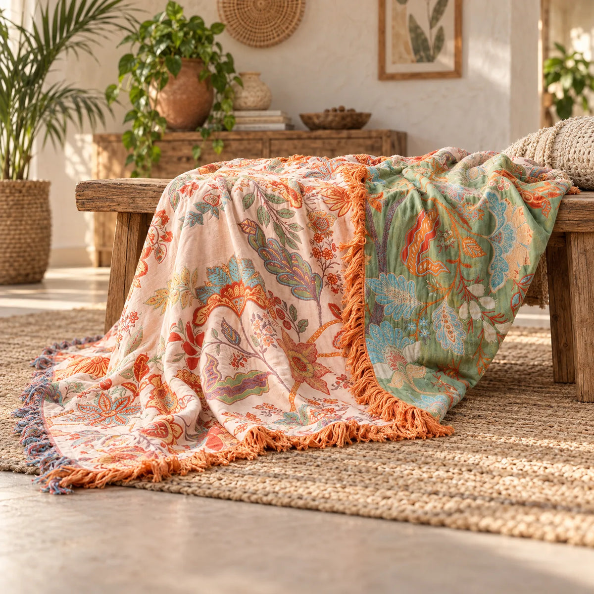 Floria - Floral Patterned Throw Blanket Draping Over Sofas