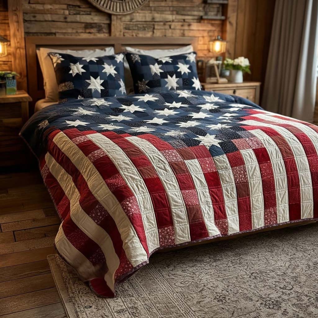 Three-piece quilted bedding set with star pattern, duvet cover and two pillowcases
