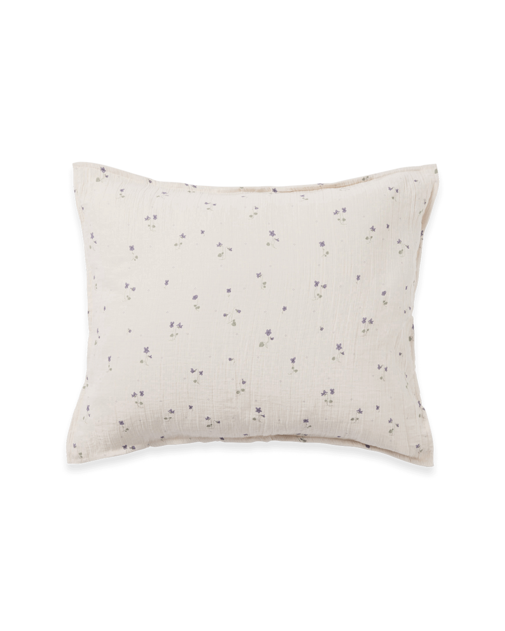 Beige muslin pillowcase with small purple floral pattern and gathered texture