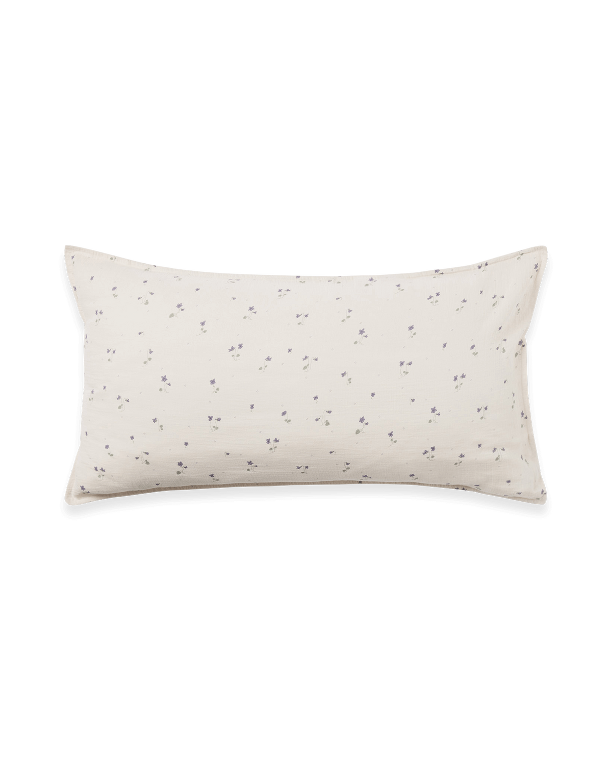 Beige muslin pillowcase with small purple floral pattern and gathered texture