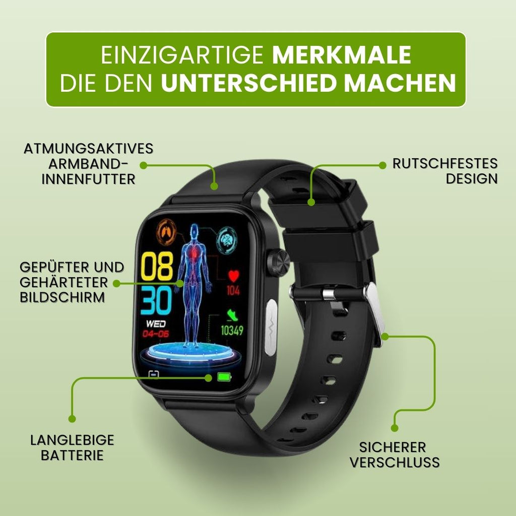 Smartwatch with rectangular digital display, SOS function and adjustable strap