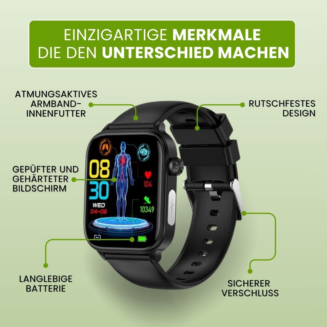 Smartwatch with rectangular digital display, SOS function and adjustable strap