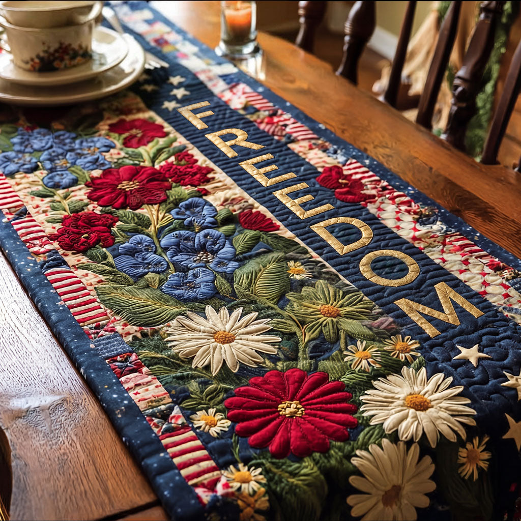 Quilted patriotic patchwork table runner with floral and star panels