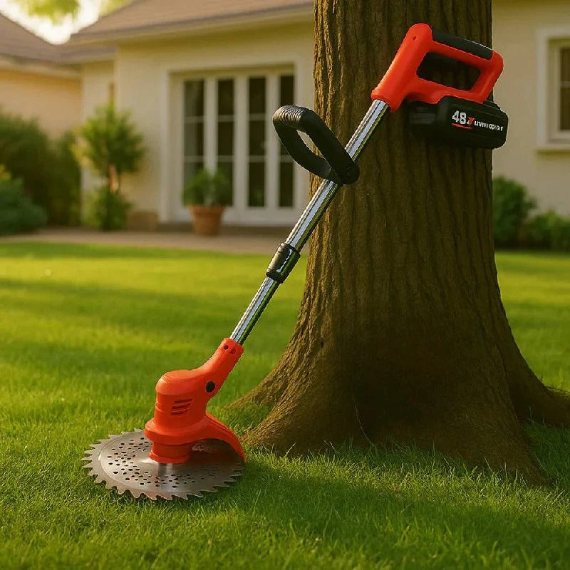 Orange cordless brush cutter with adjustable shaft and circular cutting blade