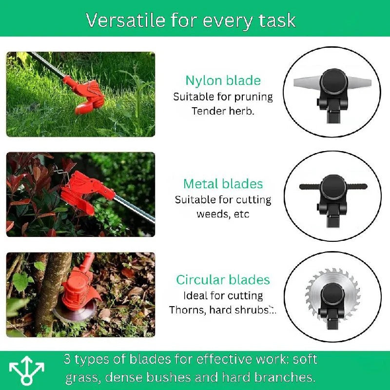 Orange cordless brush cutter with adjustable shaft and circular cutting blade