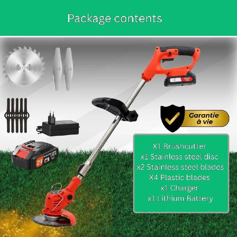 Orange cordless brush cutter with adjustable shaft and circular cutting blade