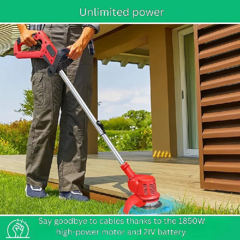 Orange cordless brush cutter with adjustable shaft and circular cutting blade