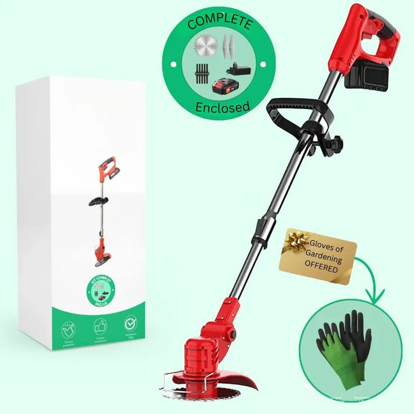 Orange cordless brush cutter with adjustable shaft and circular cutting blade